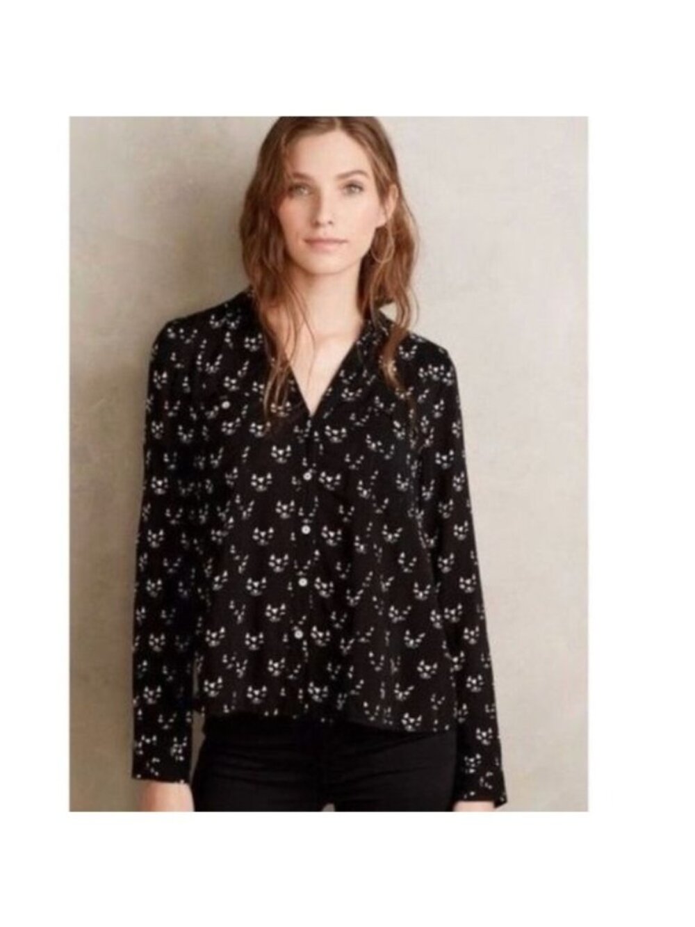 Woven Black Floral Print V-Neck Long-Sleeve Top